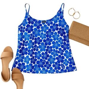 L.L.Bean Blue White Floral Tankini Top Size 10 Adjustable Built-In Shelf Bra EUC